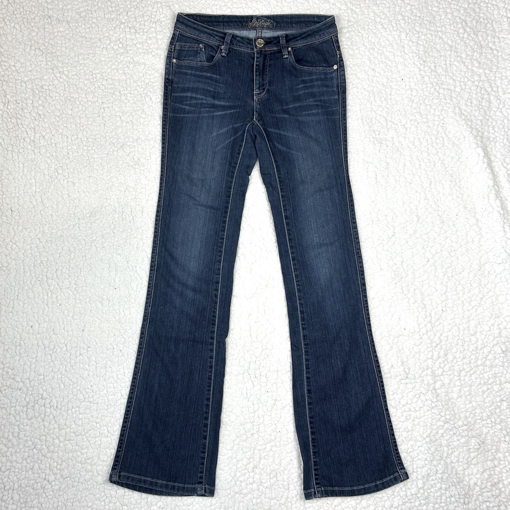 Et Boite Women's Blue Denim Jeans Embroidered Low Rise Straight Leg Stretch Sz M